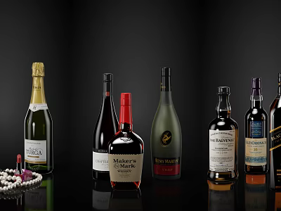 Luxury Wine Bottles And Glasses With Various Brands And Pearl Accessories On Black Background 3d model