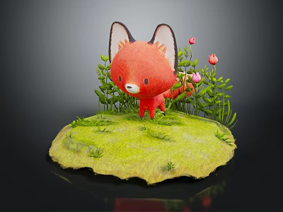 Cute Red Fox Character Standing On Green Grass With Pink Flowers And Plants 3d model