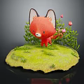 Cute Red Fox Character Standing On Green Grass With Pink Flowers And Plants