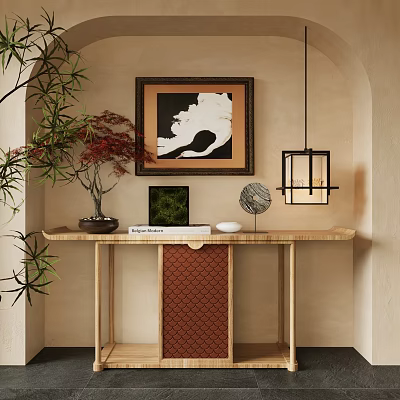 Traditional Console Table with Bamboo Red Maple Framed Artwork Pendant Lamp and Spherical Decor 3d model