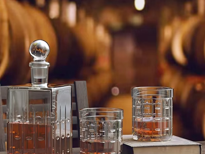 Elegant Whiskey Bottle and Crystal Glasses with Amber Liquid on Wooden Table and Oak Barrels 3d model