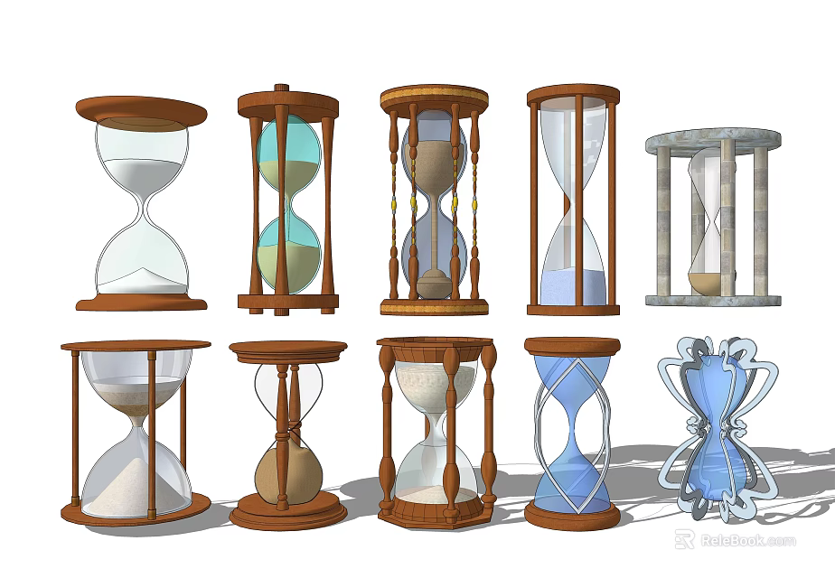 Various Design Hourglass Decorative Ornament Set With Wooden Frames And Colored Sand 3d model 