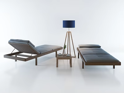 Modern Wooden Chaise Lounges With Upholstered Cushions And Side Table In Living Space 3d model