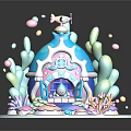 Colorful Cartoon Underwater Scene With Blue Dome House Coral Bubbles and Little Fish