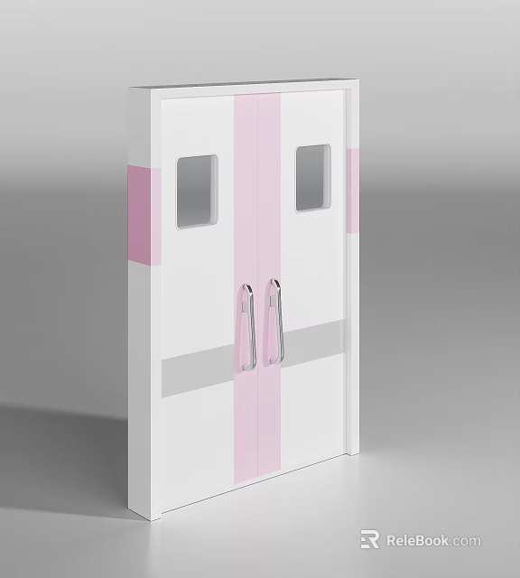 Pink And White Storage Cabinet With Double Doors Viewing Windows And Silver Handles 3d model 