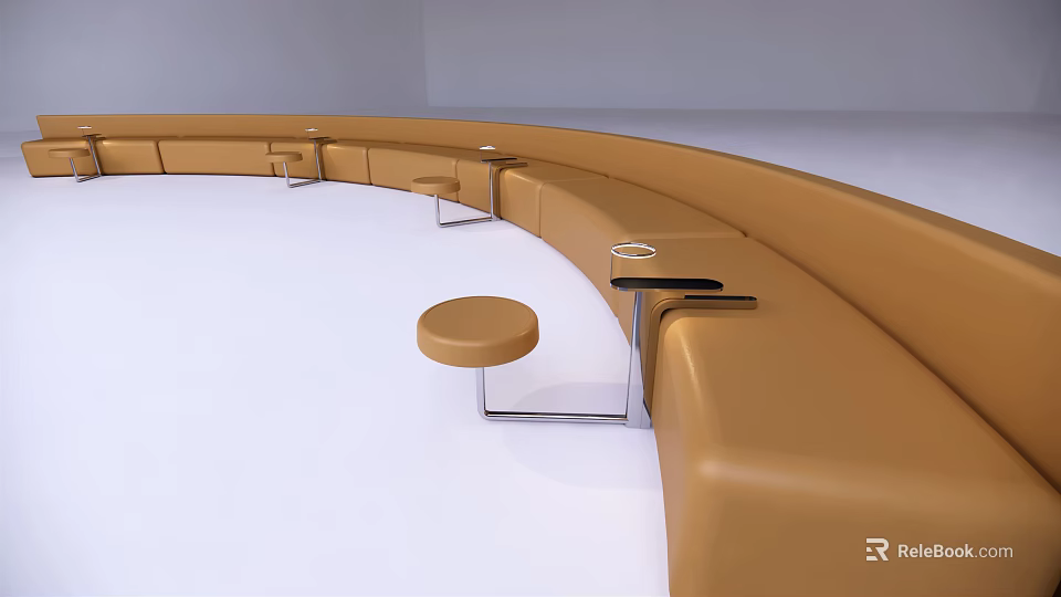Curved Tan Sectional Sofa in Modern Interior With Round Stool And Side Table 3d model 