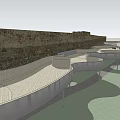 Curved Landscape Bridge With Stone Pavement And Gray Deck Above Building Structure