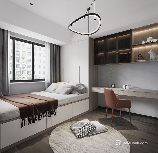 Tatami Bedroom Interior Design With Tatami Bed Pillows Blanket Desk Chair And Window Curtains 3d model 