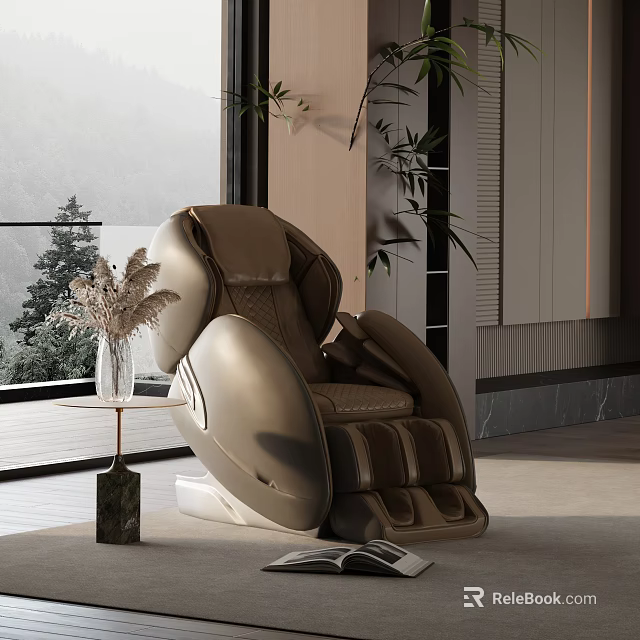Modern Leisure Recliner Chair Interior With Soft Leather Upholstery And Potted Greenery 3d model 