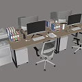 Modern Office Desk With Multiple Computer Monitors Office Chairs Filing Cabinets Printer And File Folders 3d model