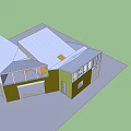 Modern Residential Building 3D Model With Yellow Walls Large Glass Windows Sloped Roof And Skylight