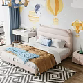Cute Kids Bed With Pink Cat Ear Headboard Blue Brown Blanket And Hot Air Balloon Moon Cloud Mural
