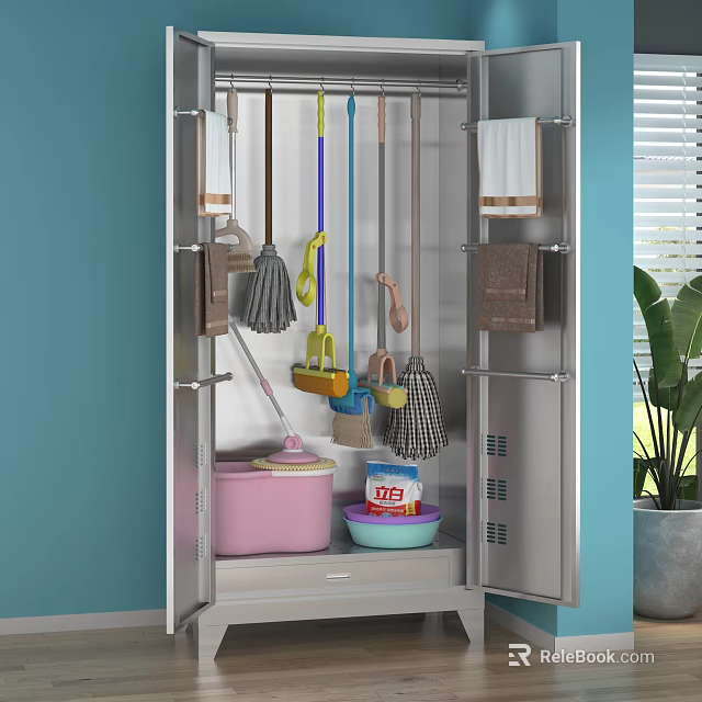 Cleaning Supplies Storage Cabinet With Mop Broom Buckets And Towels Organizer 3d model 