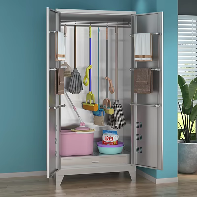 Cleaning Supplies Storage Cabinet With Mop Broom Buckets And Towels Organizer 3d model
