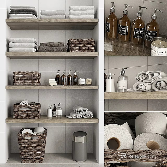 Organized Laundry Storage Shelves With Towels Baskets Bottles And Toilet Paper 3d model 