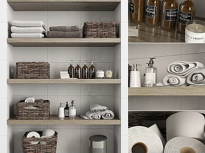 Organized Laundry Storage Shelves With Towels Baskets Bottles And Toilet Paper 3d model
