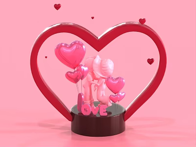 Inflatable Model in Heart Shaped Frame with Pink Balloons and LOVE Letters on Pink Background 3d model