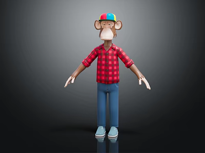 Monkey Doll With Colorful Hat Red Plaid Shirt Blue Jeans Light Blue Shoes Black Background 3d model