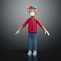 Monkey Doll With Colorful Hat Red Plaid Shirt Blue Jeans Light Blue Shoes Black Background