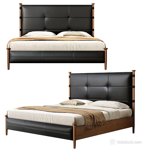 Modern Double Bed With Leather Headboard Wooden Frame White Pillows And Beige Blanket 3d model 