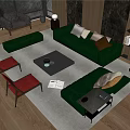 Modern Green Leather Sofa And Black Coffee Table Set With Red Chairs And Pillows