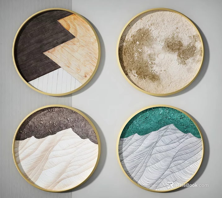 Four Round Framed Wall Artworks With Geometric Moon And Mountain Textures For Interior Decor 3d model 