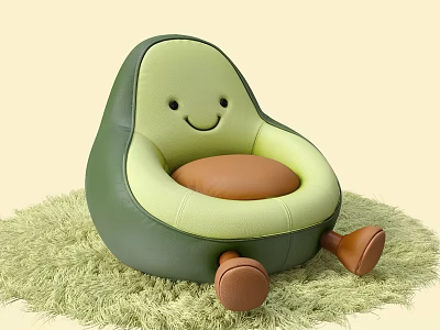 Avocado Shaped Single Sofa with Smiley Face Green Yellow Upholstery Brown Legs on Green Carpet 3d model