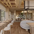Modern Japanese Restaurant Interior With Wooden Ceiling Circular Decorative Wall Bar Counter And Dining Tables
