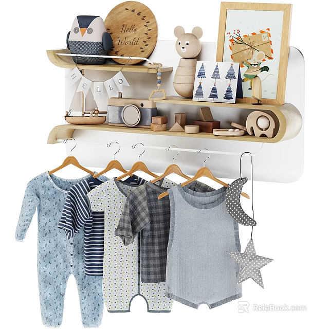 Baby Clothes Hanging On Rack By Wooden Shelf With Decor 3d model 