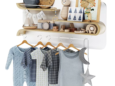 Baby Clothes Hanging On Rack By Wooden Shelf With Decor 3d model