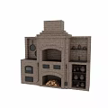Traditional Brick Built Kitchen Stove With Hanging Pans Firewood And Clay Pots On Shelves