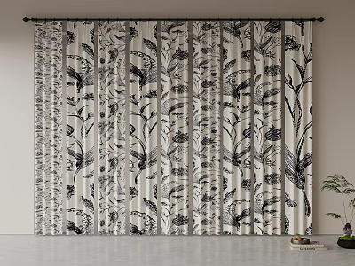 Black And White Floral Pattern Curtain Fabric Hanging In Indoor Space 3d model