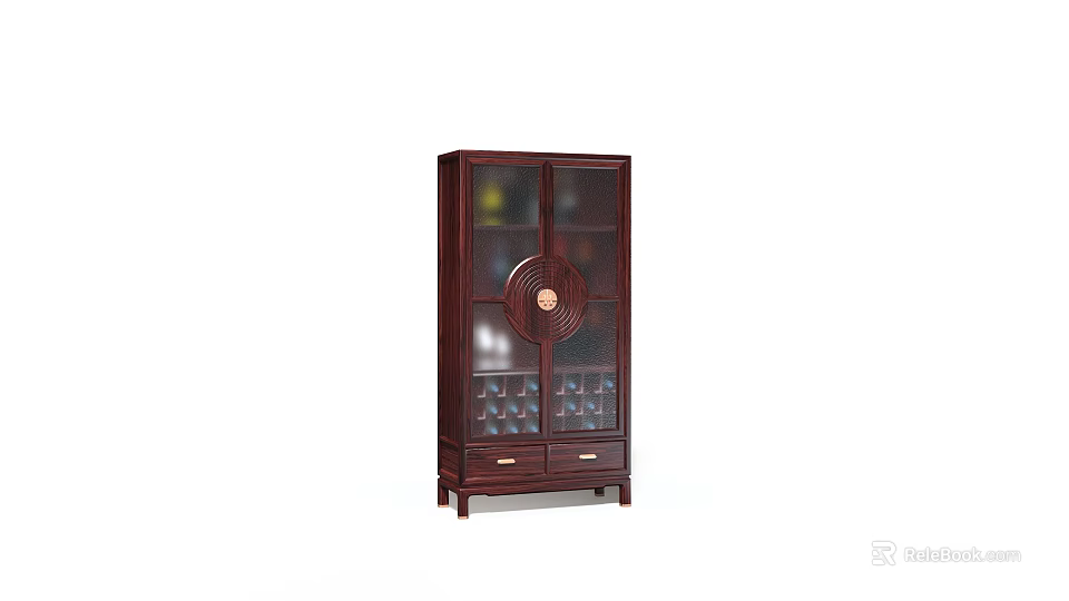 Dark Brown Wine Cabinet With Glass Doors Round Decorative Accent And Drawers 3d model 