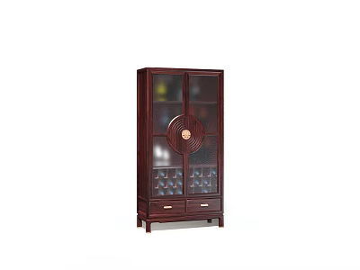 Dark Brown Wine Cabinet With Glass Doors Round Decorative Accent And Drawers 3d model