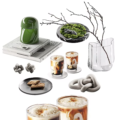 Elegant Decorative Ornament Set With Green Accent Books Moss Plant Twigs And Vase 3d model