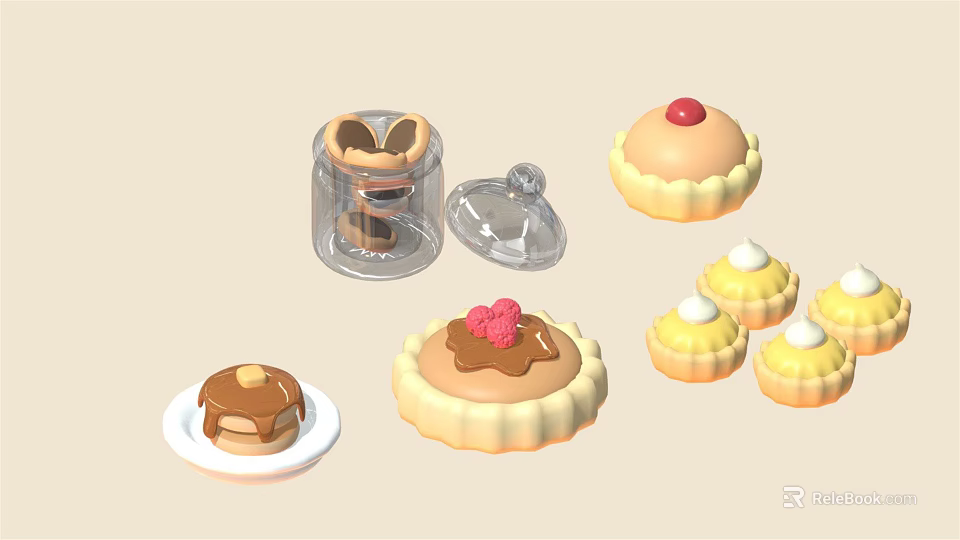 Assorted Sweet Desserts Including Strawberry Topped Tarts Chocolate Sauce Cupcakes and Yellow Pastries 3d model 