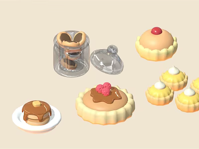 Assorted Sweet Desserts Including Strawberry Topped Tarts Chocolate Sauce Cupcakes and Yellow Pastries 3d model