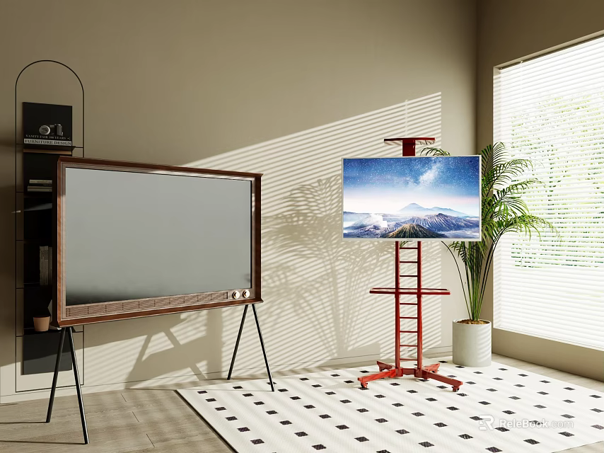 Televisions Featuring Wooden Frame Black Stand Red Stand Mountain View Screen Plant And Window Blinds 3d model 