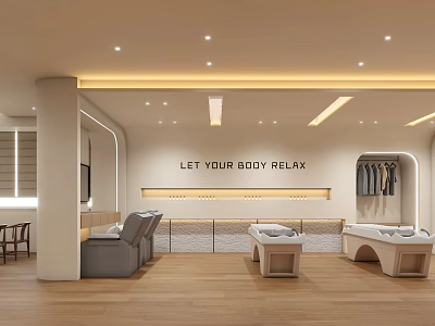 Relaxing Beauty Hair Salon Interior With Comfortable Treatment Chairs And Wooden Flooring 3d model