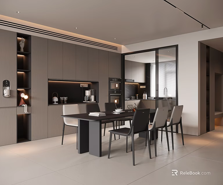 Modern Restaurant Interior With Dark Dining Table Chairs Grey Cabinets And Ambient Lighting 3d model 