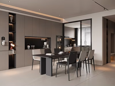 Modern Restaurant Interior With Dark Dining Table Chairs Grey Cabinets And Ambient Lighting 3d model