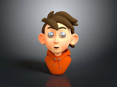 3D Character Creature Head With Brown Hair Big Eyes Orange Hoodie And Gray Background 3d model