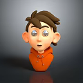 3D Character Creature Head With Brown Hair Big Eyes Orange Hoodie And Gray Background