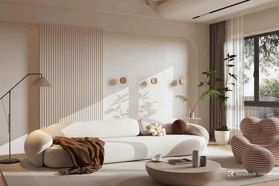 Modern Living Room Interior With Curved Sofa Vertical Striped Wall Round Decorations And Floor Lamp 3d model 