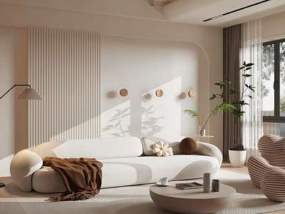 Modern Living Room Interior With Curved Sofa Vertical Striped Wall Round Decorations And Floor Lamp 3d model