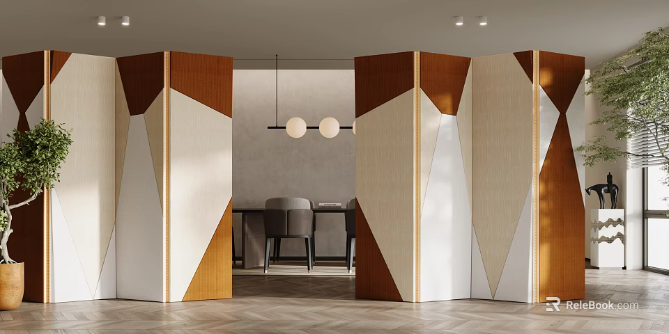 Geometric Screen Dividers With Neutral Colors In Modern Dining Room 3d model