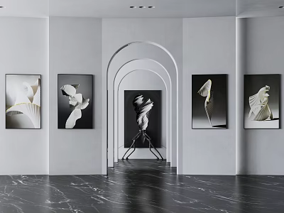 Modern Interior With White Walls Black White Artworks Arched Doorway Black Sculpture Dark Marble Floor 3d model