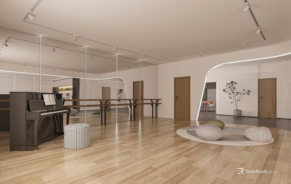 Spacious Modern Interior With Wooden Flooring Piano Mirrors Round Rug And Decorative Plant 3d model 