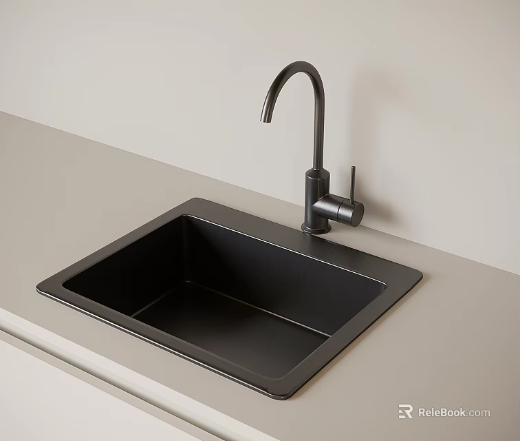 Modern Black Square Sink With Curved Faucet On Light Colored Countertop And Wall 3d model 