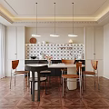 Elegant Restaurant Dining Area With Wooden Table Chairs And Patterned Tile Backsplash